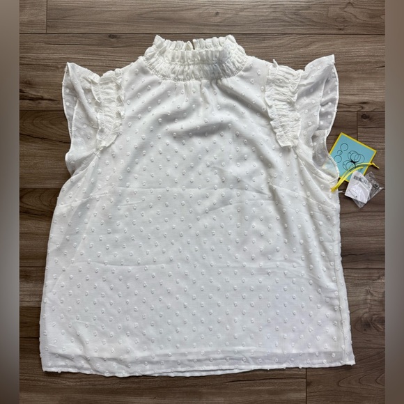 CeCe Clip Dot Ruffle Mock Neck Crepe Top in New Ivory Size M NWT - Picture 8 of 12